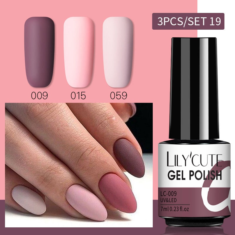 LILYCUTE 3 PCS Gel Nail Polish Set Nude Pink Glitter Sequins Matte Effect Gel Long Lasting Base Top Coat Nail Art Design Hybrid