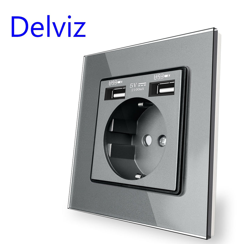 Delviz Wall USB Power Socket, Many New style Panel, Bedroom socket,AC 110V-250V 16A Wall Embedded, Double usb EU Standard Outlet