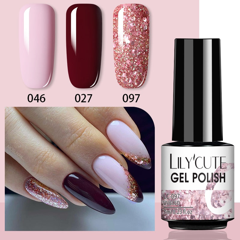 LILYCUTE 3 PCS Gel Nail Polish Set Nude Pink Glitter Sequins Matte Effect Gel Long Lasting Base Top Coat Nail Art Design Hybrid