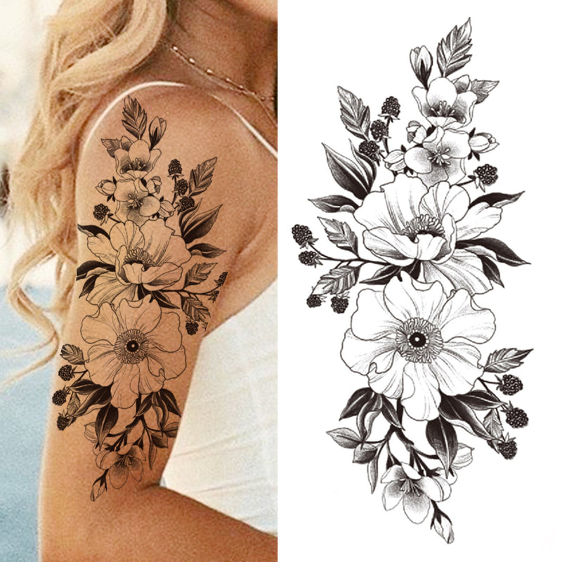 Death Skull Flower Temporary Tattoo For Women Girls Snake Bird Peony Tattoo Sticker Black Fake Blossom Sexy Tatoo Transfer Adult