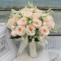 Holding Flowers Artificial Natural Rose Wedding Bouquet with Silk Satin Ribbon Pink White Champagne Bridesmaid Bridal Party