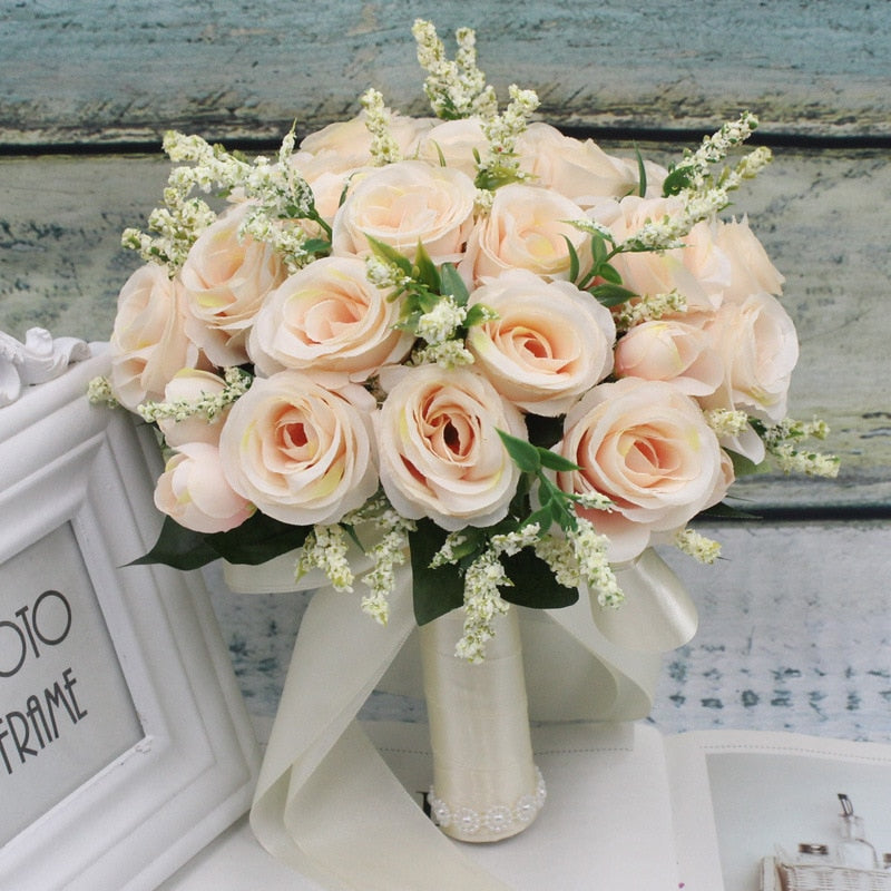 Holding Flowers Artificial Natural Rose Wedding Bouquet with Silk Satin Ribbon Pink White Champagne Bridesmaid Bridal Party