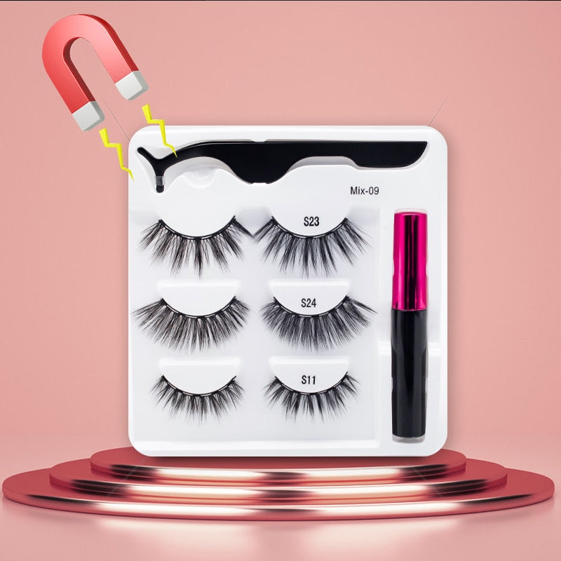 3Pairs Magnetic Lashes 3D Mink Eyelashes Wholesale Fake Eyelashes Magnetic Eyeliner With Tweezer Makeup Set For Beauty Faux Cils