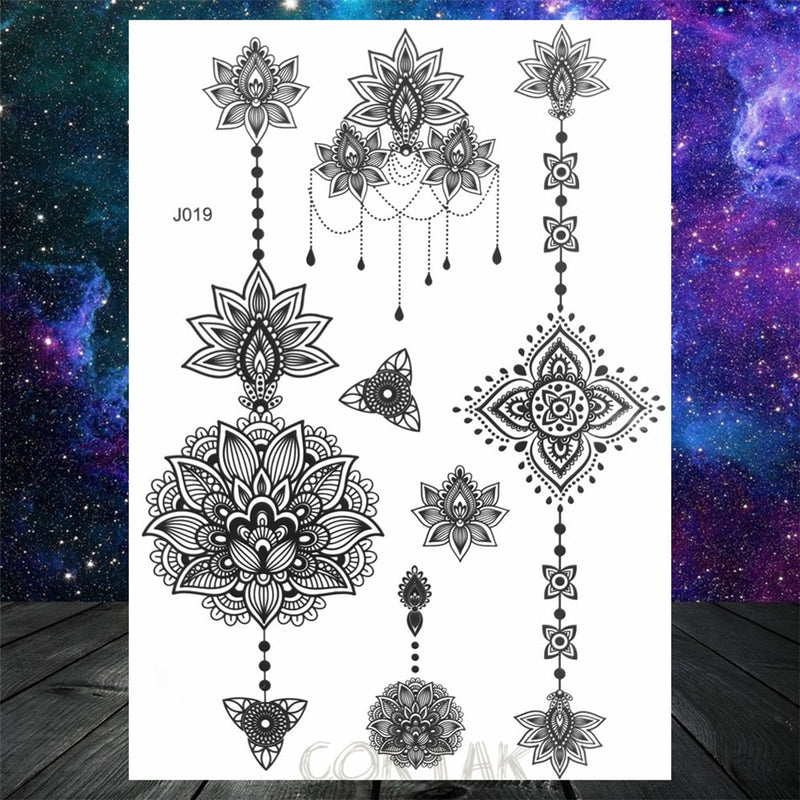 Sexy Black Henna Temporary Tattoos For Women Girls Body Art Decoration Fake Jewelry Chains Waterproof Mandala Flower Tatoos Kit