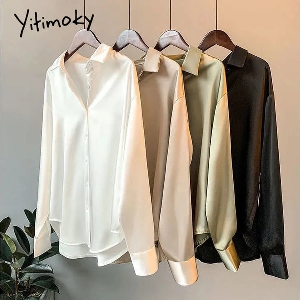 Yitimoky SATIN Long Sleeve Blouse Button Up Shirt Women Summer 2022 New Female Elegant  Ladies Tops Korean Fashion Office Lady