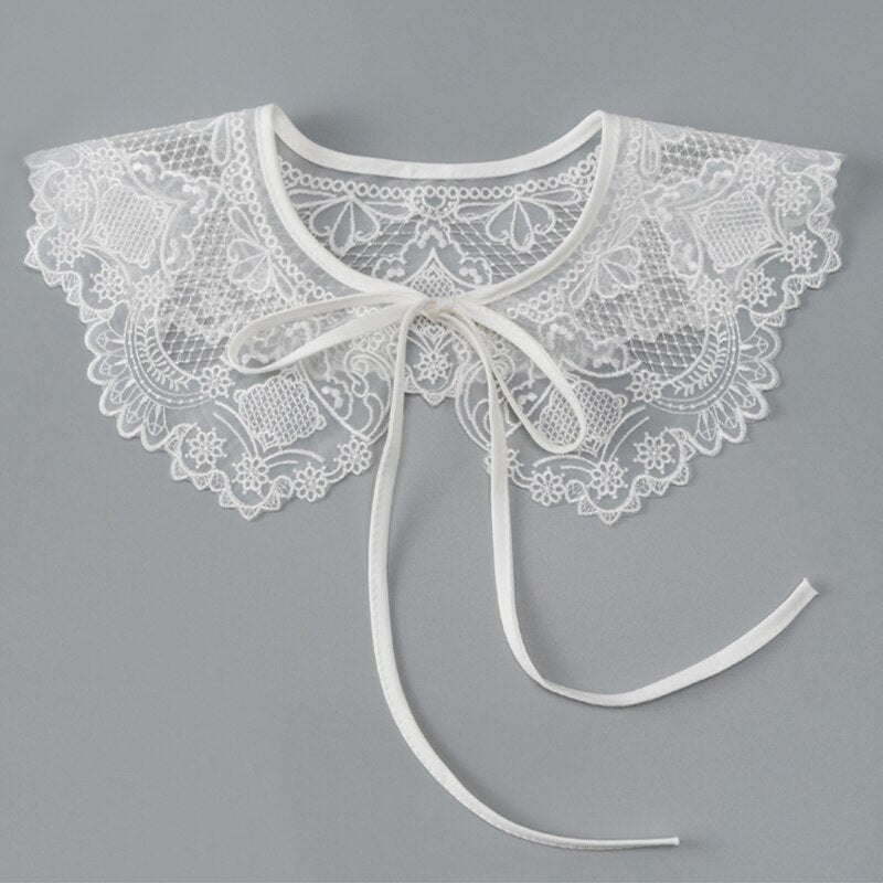 Royal Style Cotton Fake Collar Shawl Wrap Hollow Out Floral Lace Ruffled Trim Necklace Pointed Triangle Lapel Blouse