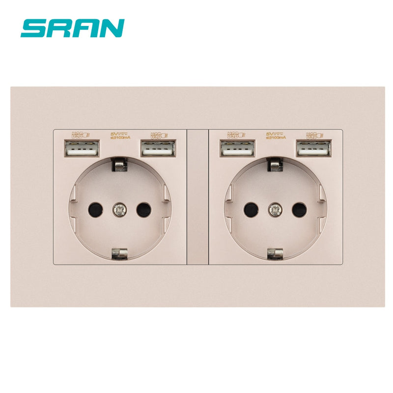 SRAN eu 2gang Power socket,16A electrical plug grounded Hide LED indicator,double Socket with USB, 146*86mm pc panel wall socket
