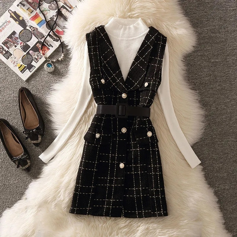 Vintage Mid-Length Plaid Tweed Vest Jacket Women 2 Piece Set Elegant Pearl Button Belted Unlined Waistcoat And Knitted Sweater