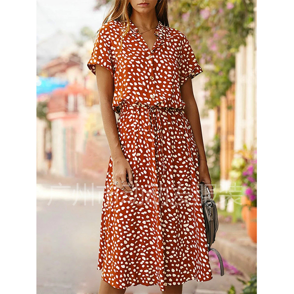 2021 Summer Polka Dot Dress Ladies Leopard Print Shirt Dress, Bohemian, Mid-length, High Waist, Beachwear, Vacation, Summer