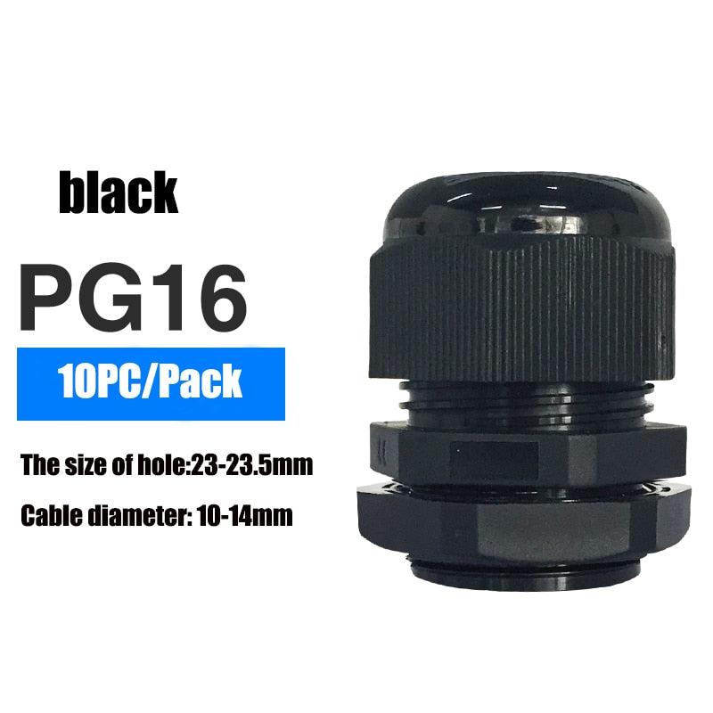 Waterproof Cable Gland 10pcs Cable entry IP68 PG7 for 3-6.5mm PG9 PG11 PG13.5 PG16 PG19/21/ White Black Nylon Plastic Connector