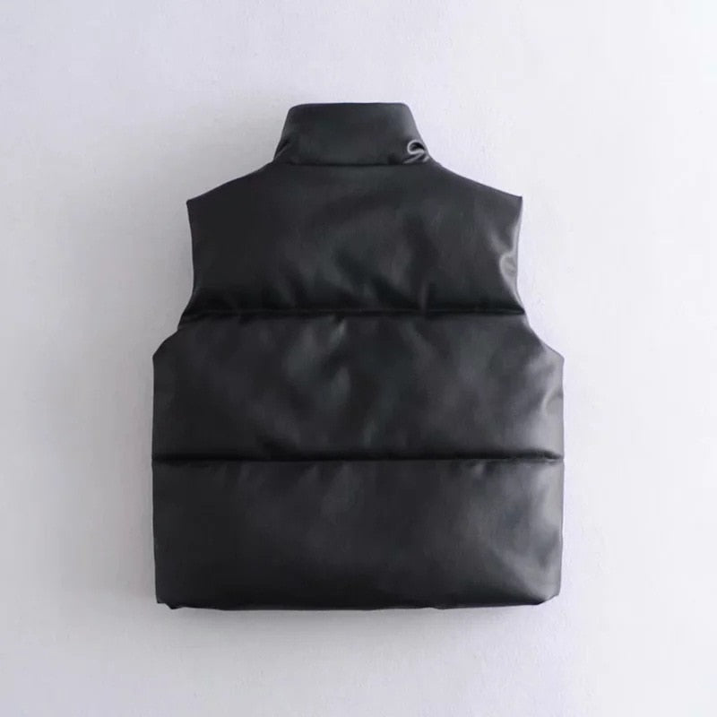 Black Stand Collar Vests Women Fashion Zipper PU Leather Coats Women Elegant Autumn Winter Short Vests Female Ladies