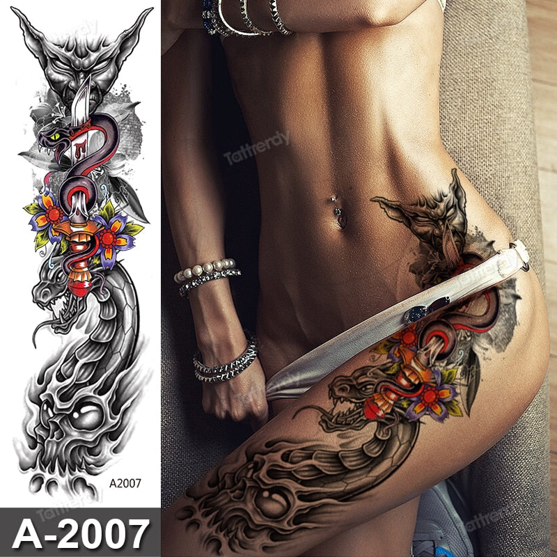sexy fake tattoo for woman waterproof temporary tattoos large leg thigh body tattoo stickers peony lotus flowers fish dragon