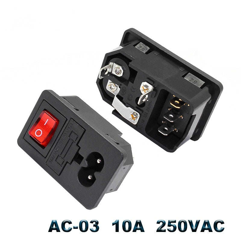 IEC320 C14 Electrical AC Socket 3 pin red LED 250V Rocker Switch 10A fuse female male inlet plug connector 2 pin socket mount