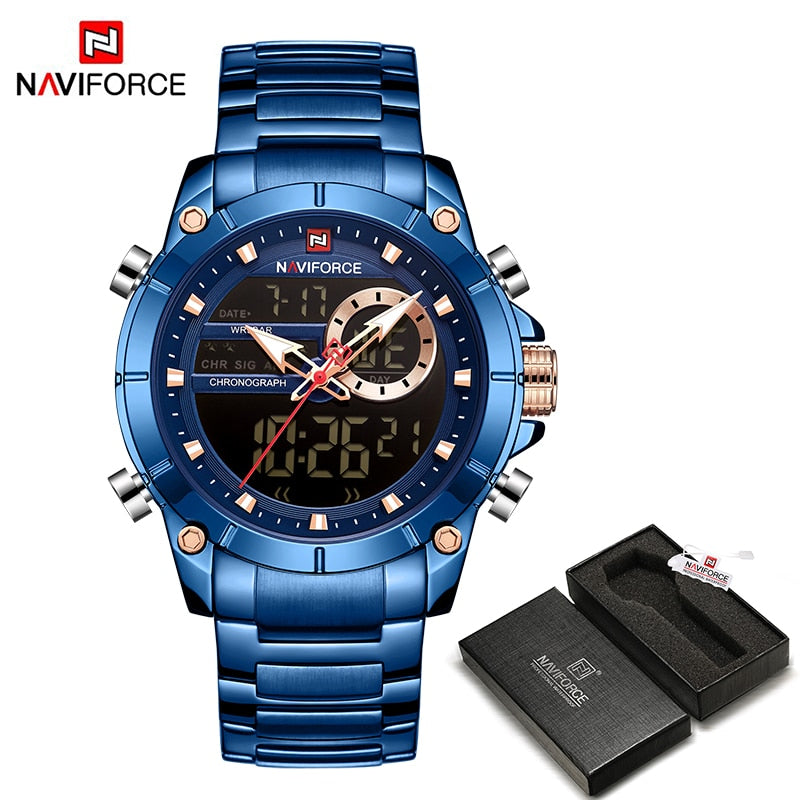NAVIFORCE Luxury Original Men Sports Wrist Watch Gold Quartz Steel Waterproof Dual Display Clock Watches Relogio Masculino 9163