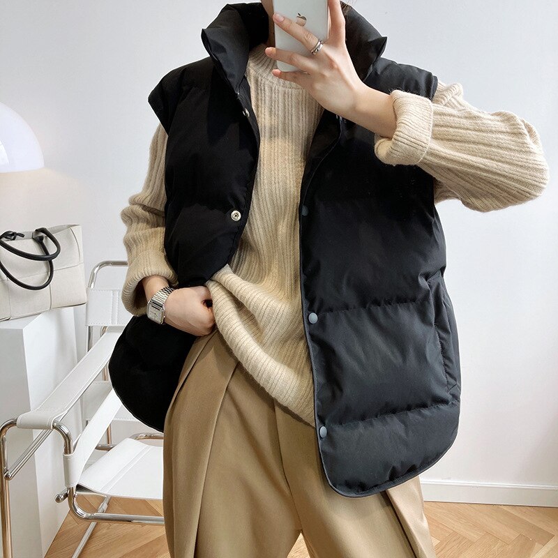 2022 Women Vest Coat Stand Collar Winter Women Warm Coat Oversize Tops Beige Vest Chaleco Mujer Gilet Casaco Feminino