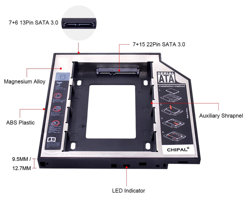 CHIPAL 2nd HDD Caddy 12.7mm 9.5mm SATA 3.0 2.5&#39;&#39; HD Hard Disk Drive Enclosure SSD Case Box For Laptop CD-ROM DVD-ROM Optical Bay