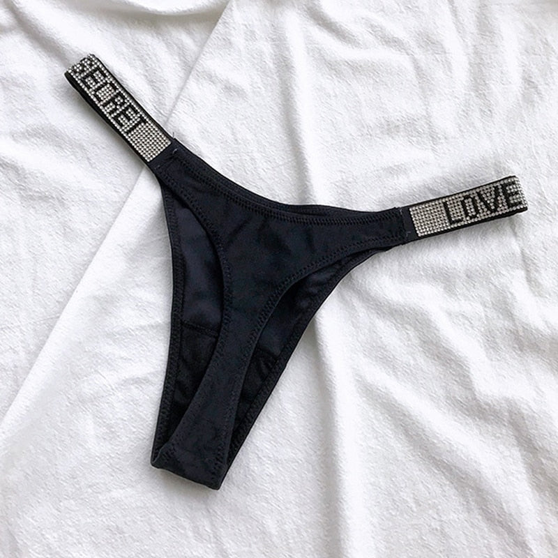 Sexy Rhinestone Thong Low Waist Panties Women Comfort Ice Silk Seamless Lingerie G String Cotton Breathable Intimates Underwear
