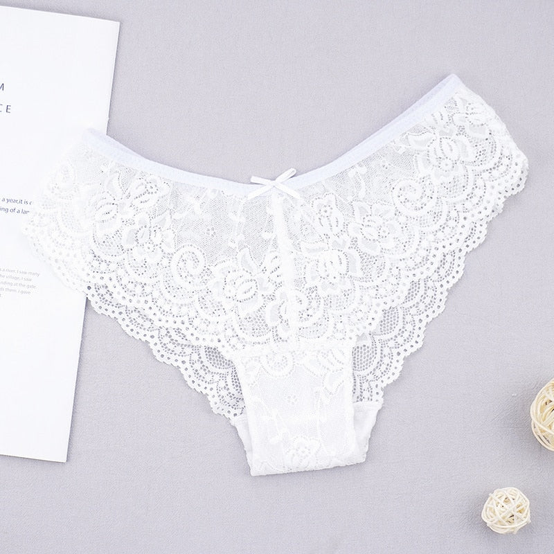 Fashion Sexy Full Lace Panties Transparent Women Briefs Female Hollow Out Low Cut Panty Breathable Bow Wholesale Underwear