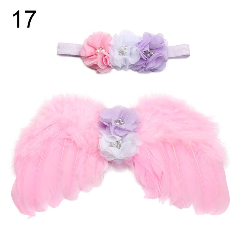 2pcs/set Cute Newborn Angel Feather Wings with Baby Girl Rose Flower Headband Hair Accessories for Infant Photography Props
