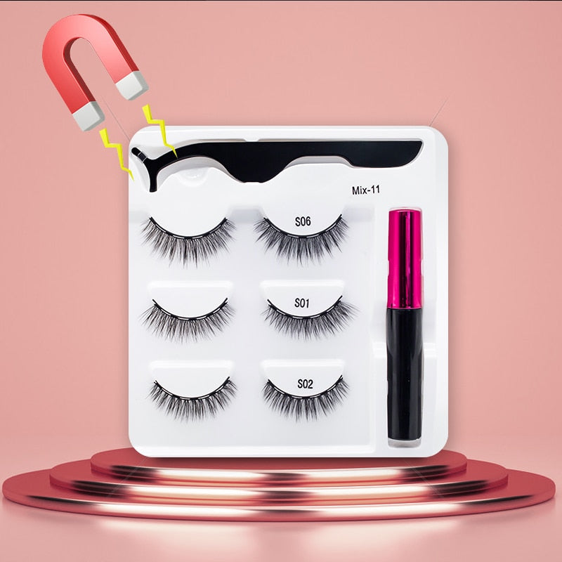 3Pairs Magnetic Lashes 3D Mink Eyelashes Wholesale Fake Eyelashes Magnetic Eyeliner With Tweezer Makeup Set For Beauty Faux Cils