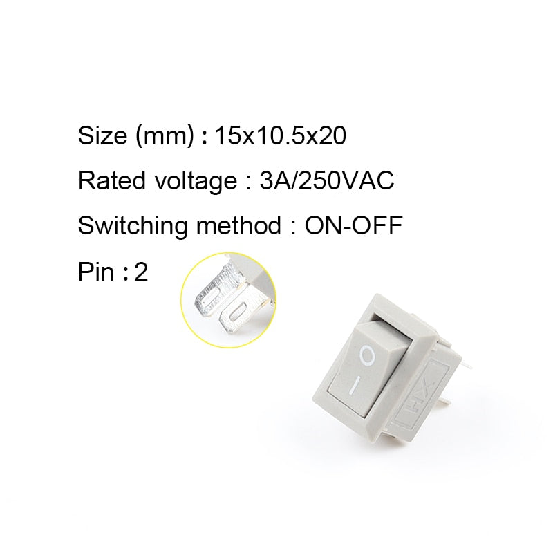 10 Pcs/lot KCD11 2 Pin 10x15mm Mini Push Button Switch SPST 3A 250V AC Snap-in On/Off Boat Rocker Switch 1Black Red White Gray