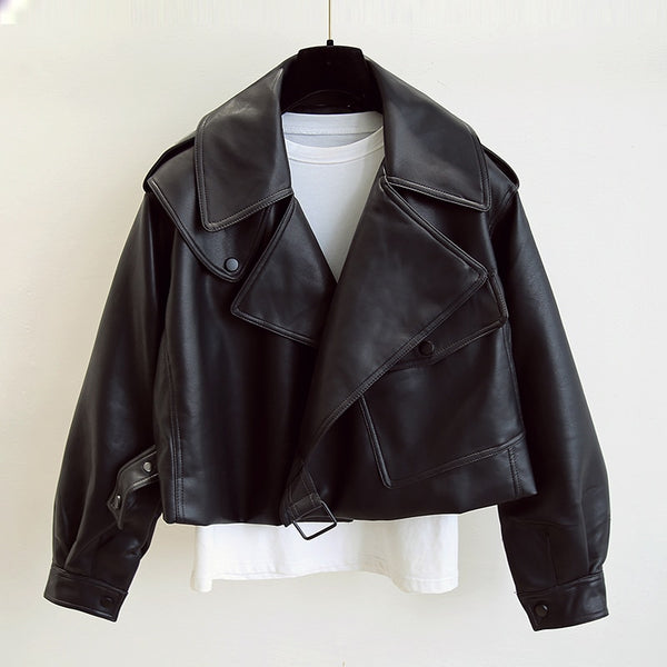 FTLZZ New Spring Women Faux Leather Jacket Biker Red White Coat Turndown Collar PU Motorcycle Jackets Loose Streetwear Outerwear