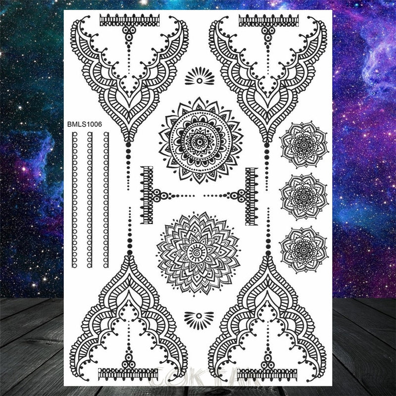 Sexy Black Henna Temporary Tattoos For Women Girls Body Art Decoration Fake Jewelry Chains Waterproof Mandala Flower Tatoos Kit