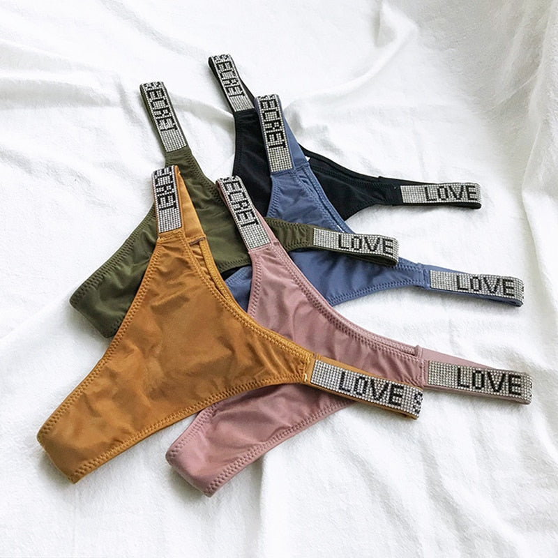 Sexy Rhinestone Thong Low Waist Panties Women Comfort Ice Silk Seamless Lingerie G String Cotton Breathable Intimates Underwear