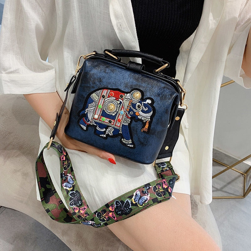 Vintage Embroidery Elephant Bag Bags Wide Butterfly Strap PU Leather Women Shoulder Crossbody Bag Tote Women&
