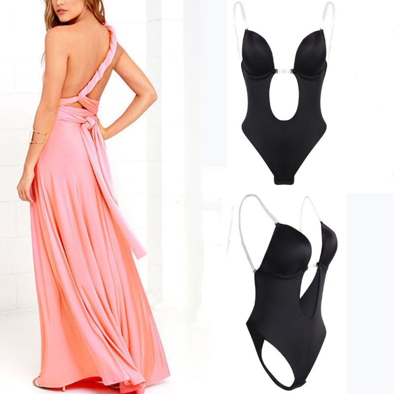 Sexy Full Bodyshaper Bra Women Deep V Convertible Bra Thong Shapewear Backless Invisible Push Up Underwear Slimming Bodysuit