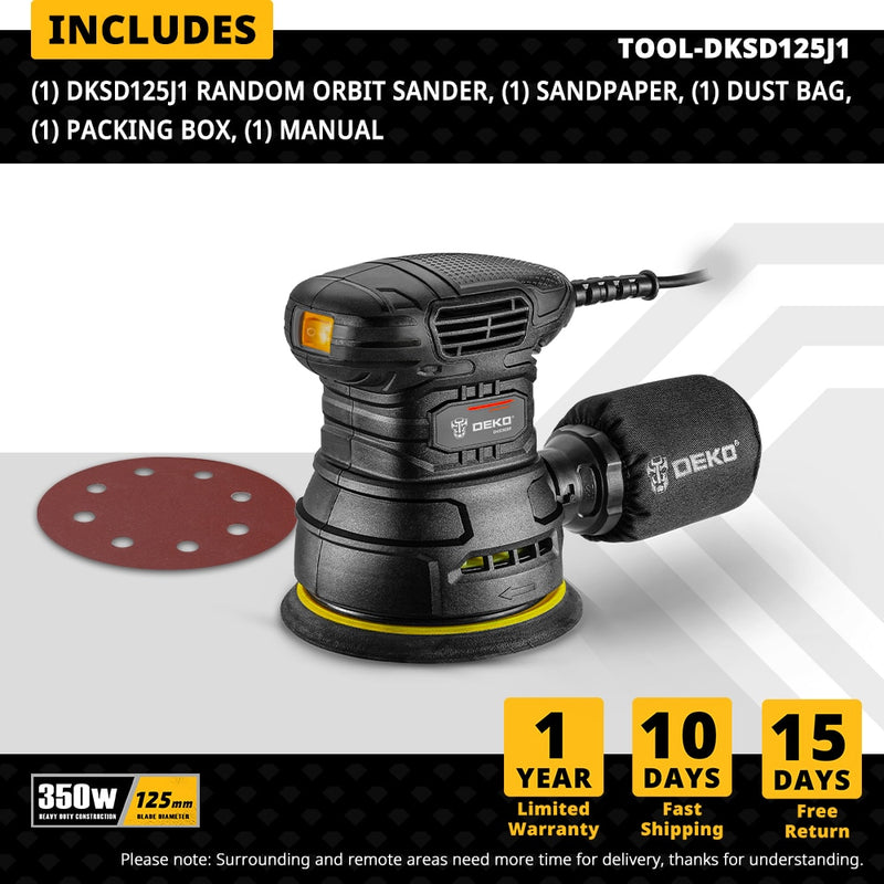 DEKO 280W/320W/350W Random Orbit Sander with 8 Hole 125mm Sandpaper and Variable Speed Sander Power Tools (DKSD28Q1)