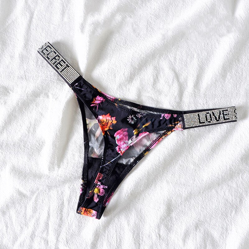 Sexy Rhinestone Thong Low Waist Panties Women Comfort Ice Silk Seamless Lingerie G String Cotton Breathable Intimates Underwear