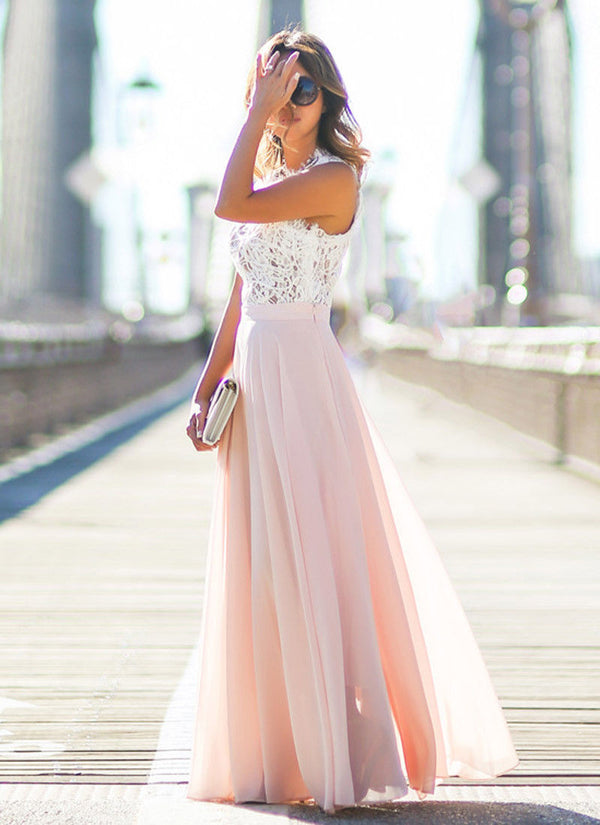 Summer Bohemian Dress Fit Flare Lace Sleeveless Ladies Beachwear Solid Floor-Length Elegant Party Dress