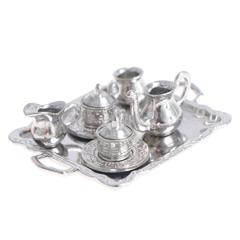 10Pcs/Set 1/12 Dollhouse Miniature Silver Metal Tea Coffee Tray Tableware Set For Dollhouse Decoration