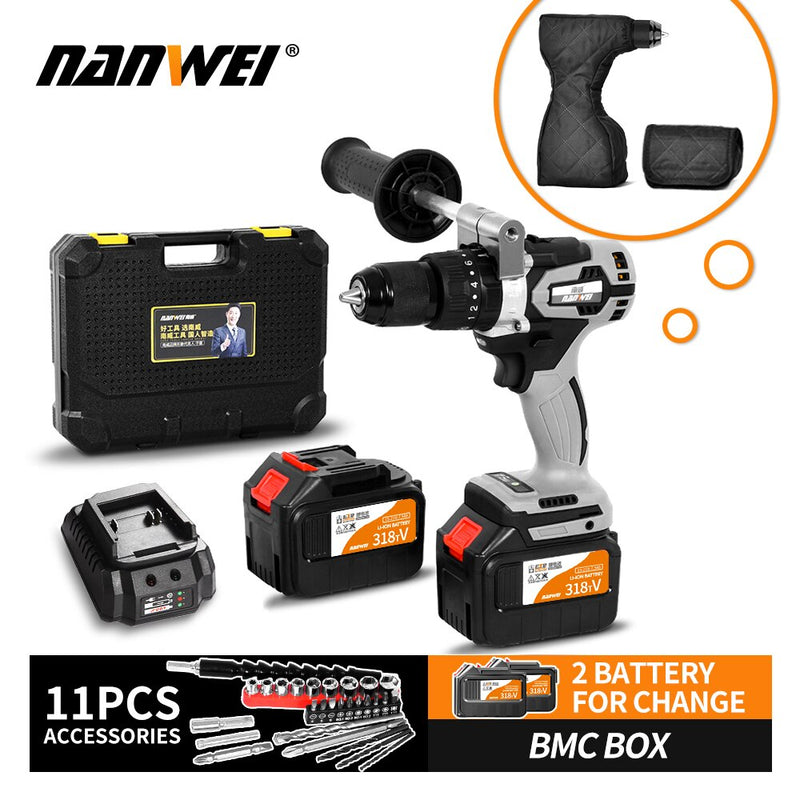 NANWEI 21V 13mm Cordless Drill Industrial Grade Brushless Impact Drill 1/2&quot; Metal Auto-locking Chuck  Ice Drill Fishing