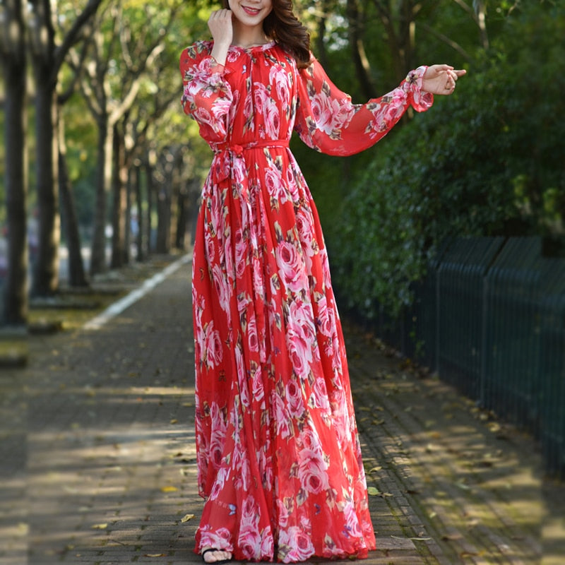 Maxi Dress Floral Printed  Loose Chiffon Fashion Abaya Islamic Clothes Muslim Female Saudi Arabia Dubai Kaftan Long Dress Summer