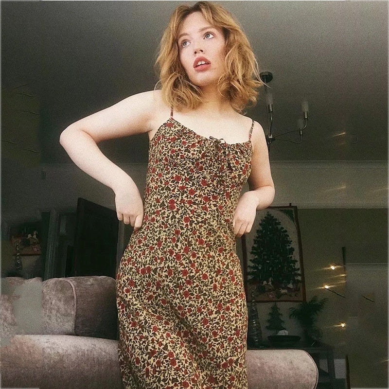 Foridol Strap Sleeveless Print Boho Summer Dress Long Women Green Floral Yellow Dresses Sundress Vintage French Style Dress