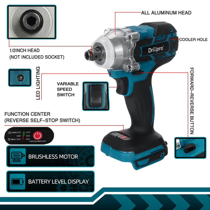 Drillpro Brushless Cordless Electric Impact Wrench 1/2 inch Socket Wrench Power Tools Rechargeable For Makita 18V Battery