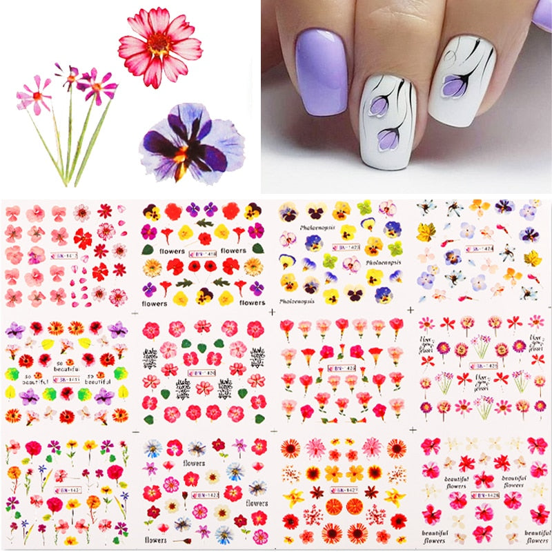 12 Designs Nail Stickers Set Mixed Floral Geometric Nail Art Water Transfer Decals Sliders Flower Leaves Manicures Decoration