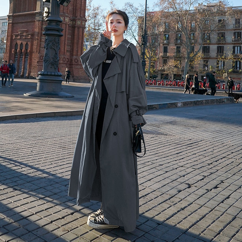 Korean Style Loose Oversized X-Long Women's Trench Coat Double-Breasted Belted Lady Cloak Windbreaker Spring Fall Outerwear Grey