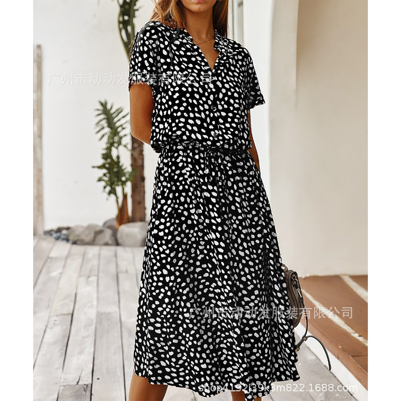 2021 Summer Polka Dot Dress Ladies Leopard Print Shirt Dress, Bohemian, Mid-length, High Waist, Beachwear, Vacation, Summer