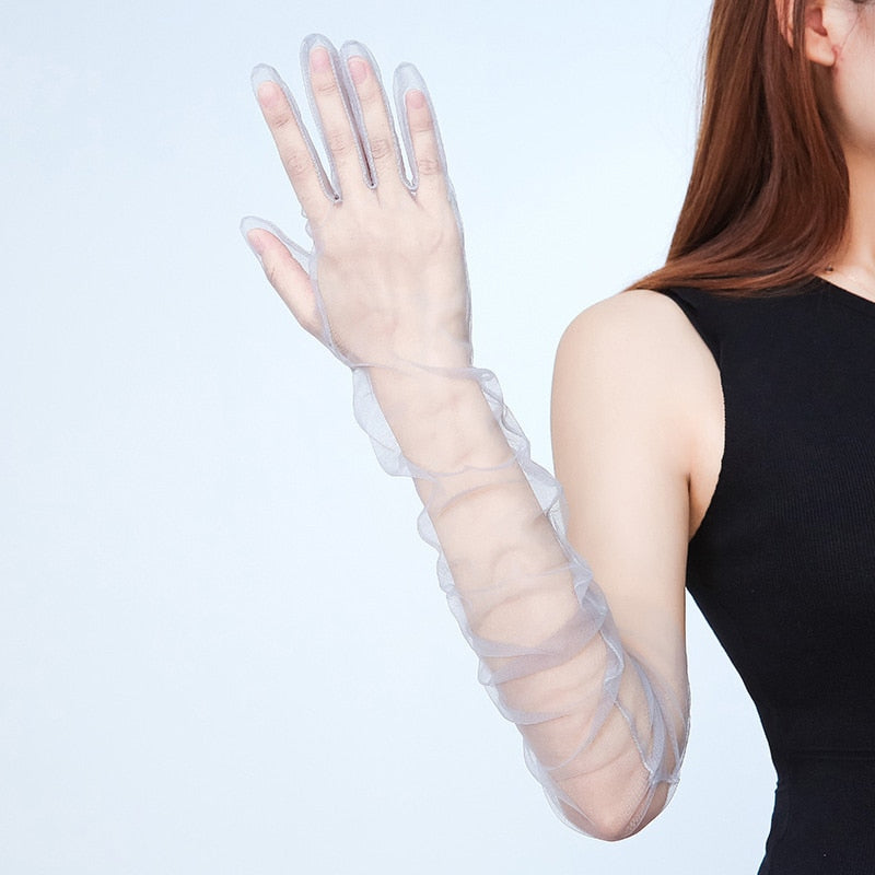 Fashion Long Sheer Tulle Gloves Ultra Thin Stretchy Full Finger Mittens Mesh Elbow Wedding Bride Gloves Halloween Accessory