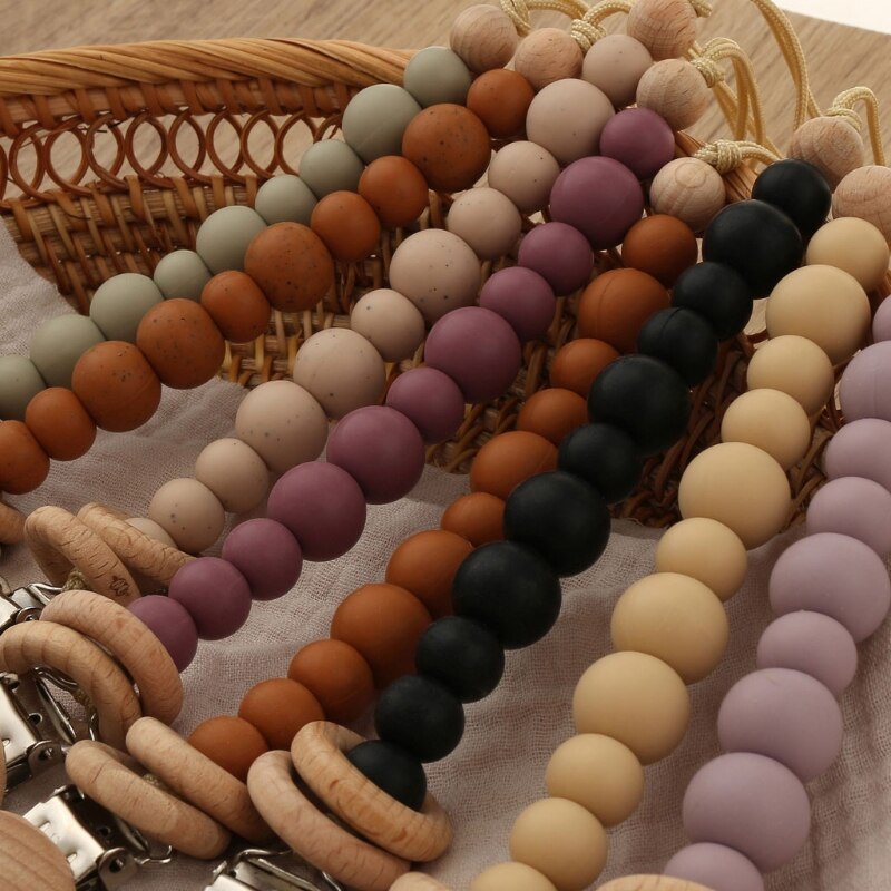 Baby Pacifier Clips Silicone Beads Wooden Ring Pacifier Chain Infant Nipple Appease Soother Chain Clips Dummy Holder Nipple Clip