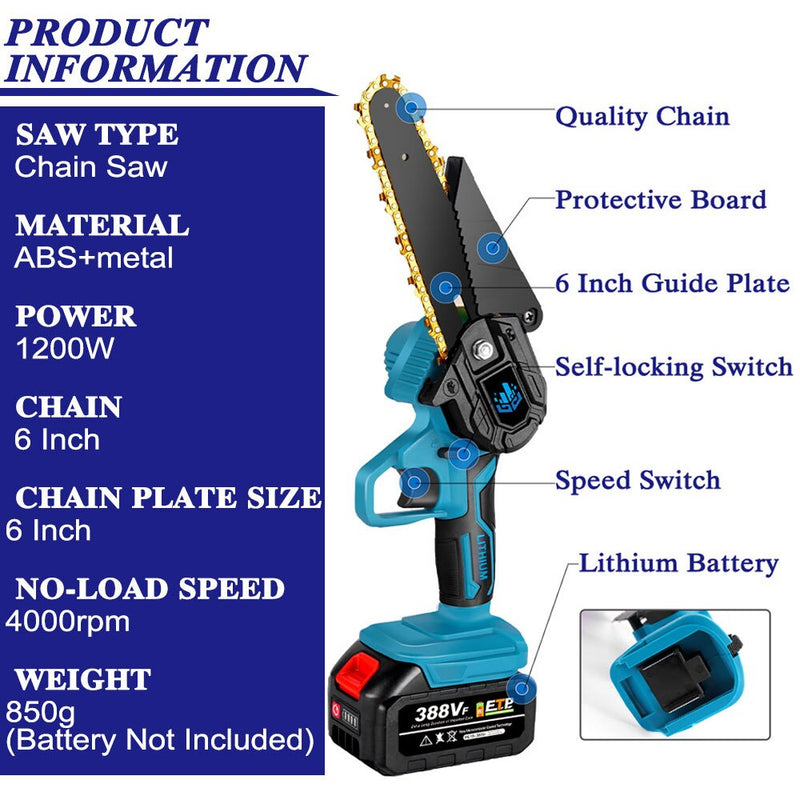 6 Inch Handheld Electric Saw.2PCS Lithium Battery with Indicator.Portable Mini Pruning Chainsaw Garden Woodworking Cutting Tool
