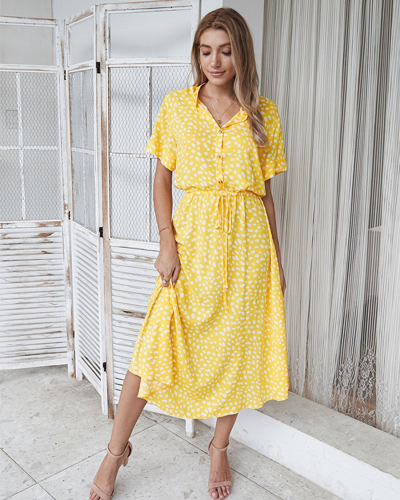 2021 Summer Polka Dot Dress Ladies Leopard Print Shirt Dress, Bohemian, Mid-length, High Waist, Beachwear, Vacation, Summer