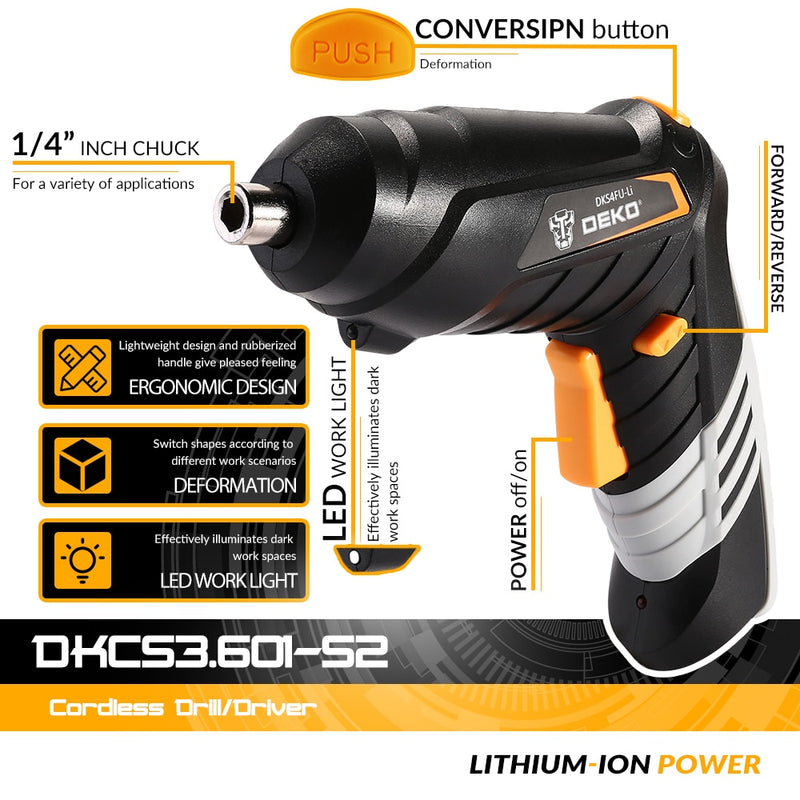 DEKO DKCS3.6O1/DCS3.6DU2 Electric Cordless Screwdriver  Keyless Chuck Charging Battery