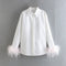 Green Feathers on the Cuffs Womens Blouses Long Sleeves Women&#39;s Clothing White Elegant Female Blouses Tops Shirts for Women Top