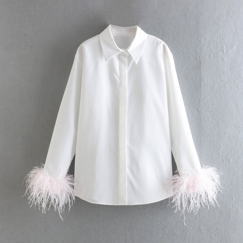 Green Feathers on the Cuffs Womens Blouses Long Sleeves Women&