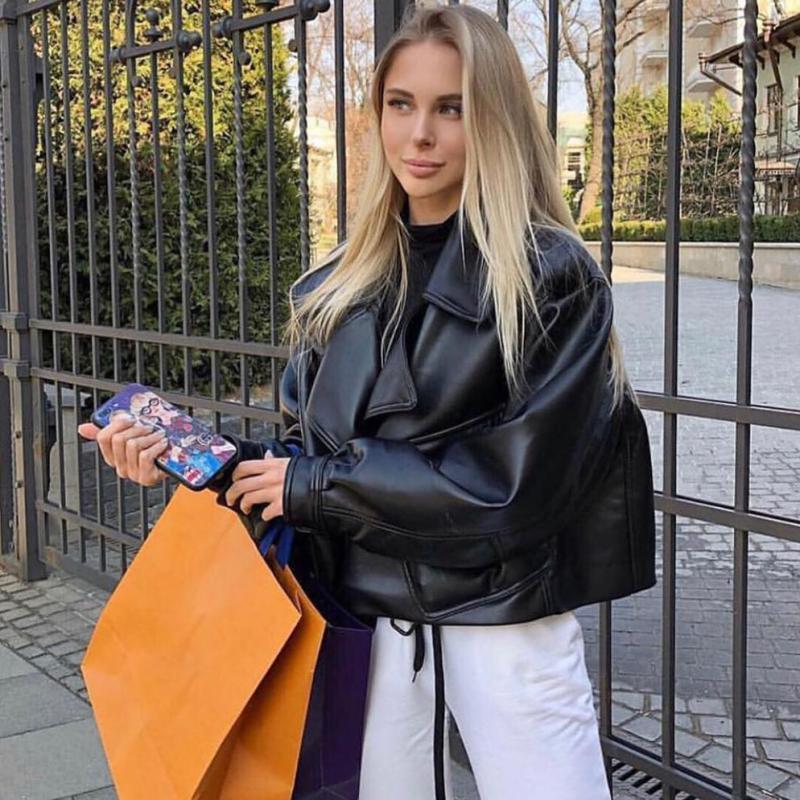 FTLZZ New Spring Women Faux Leather Jacket Biker Red White Coat Turndown Collar PU Motorcycle Jackets Loose Streetwear Outerwear
