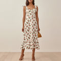 Dresses For Women 2022 Elegant Vintage Floral Dress Frill Sweetheart Neck Sleeveless Strap Tie Ruffle Hem Summer Beach Dress